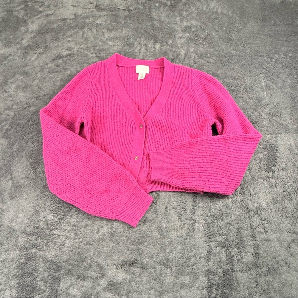 H&M‎ Women's Pink Magenta Coquette Cropped Sweater Size XS Snap Button